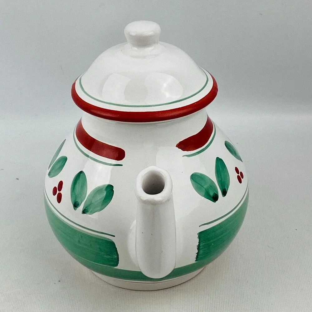 Caleca Teapot Red Berries Trim Green Leaves Band Stripe White Hand Painted Italy